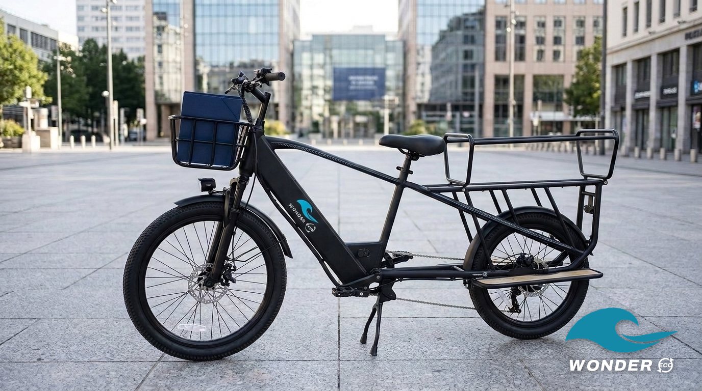 Le vélo cargo Wonder Eco sur une place du quartier de la Part-Dieu, un dossier bleu dans le panier, devant un bâtiment administratif.