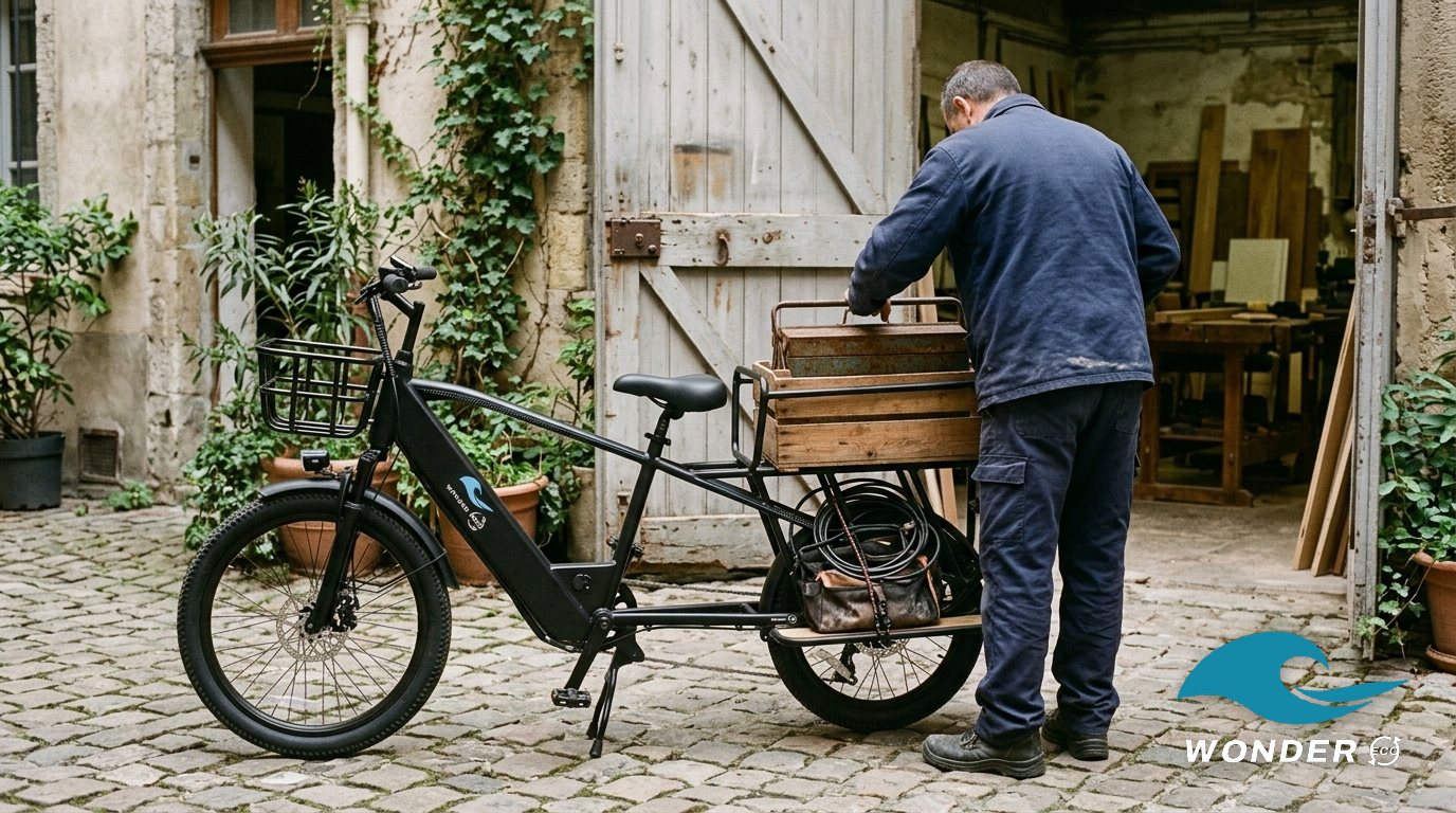 Un artisan charge sa caisse à outils sur le plateau du vélo cargo, devant son atelier.