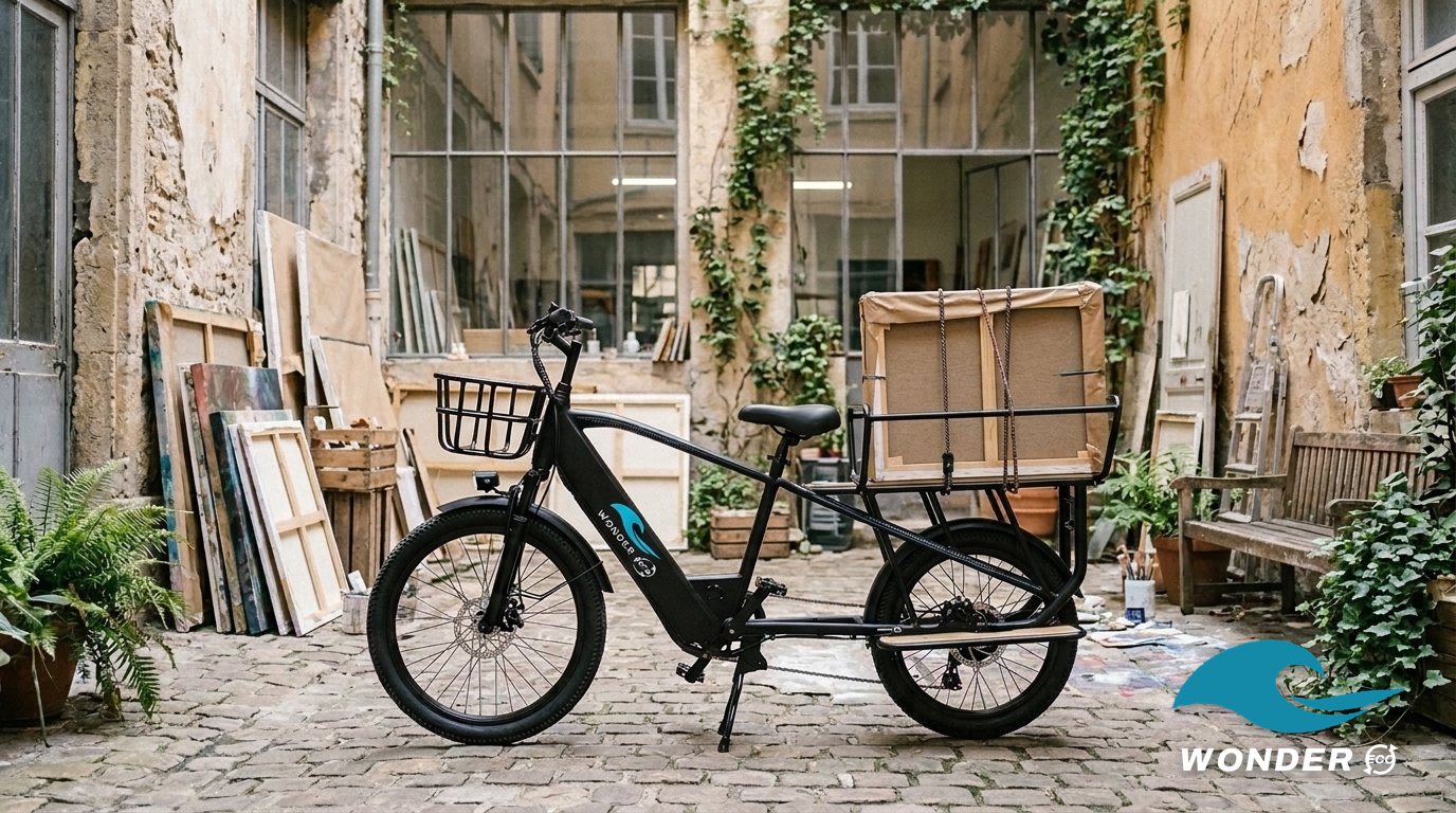 Le vélo cargo Wonder Eco chargé d'une toile emballée, dans la cour lumineuse d'un atelier d'artiste de la Croix-Rousse.