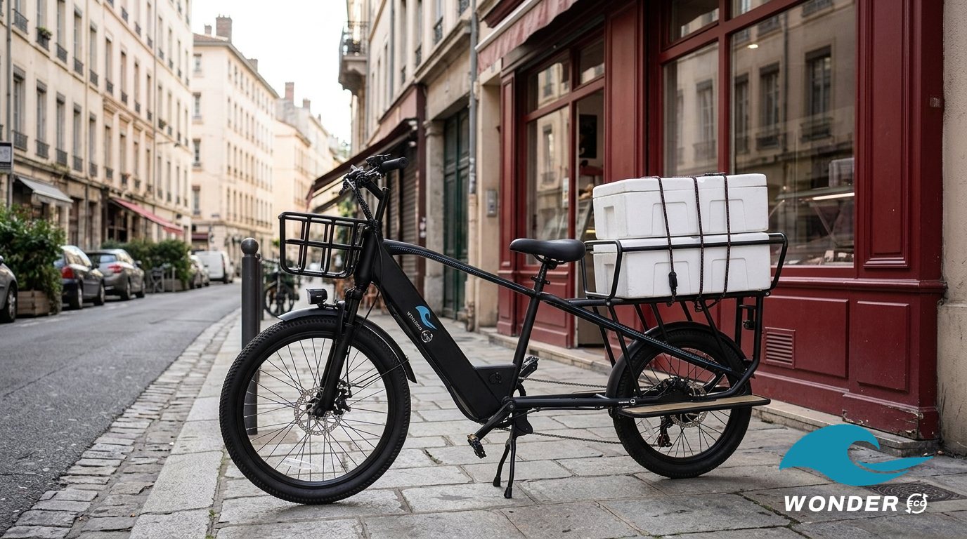 Le vélo cargo Wonder Eco chargé de deux caissons isothermes blancs, devant une boucherie à la façade rouge de Monplaisir.