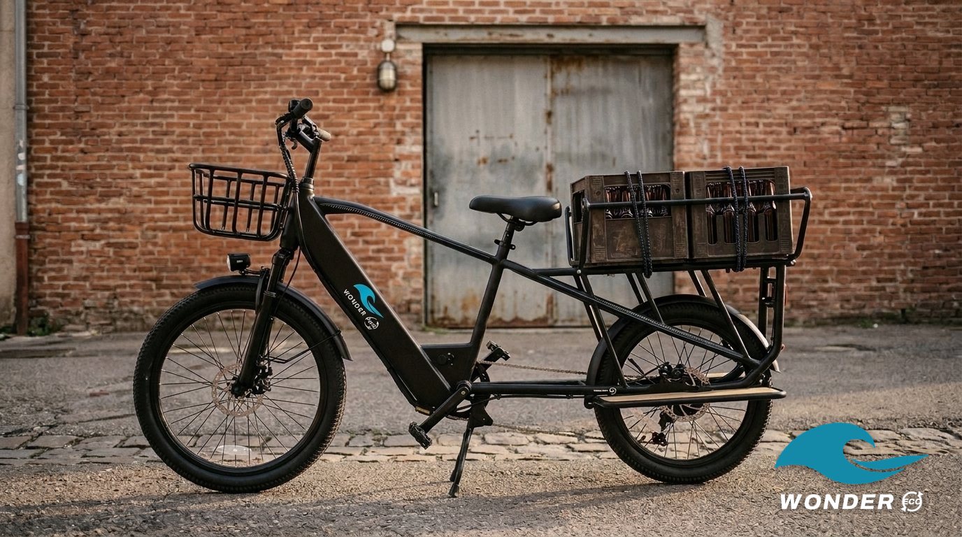 Le vélo cargo Wonder Eco chargé de deux caisses de bouteilles, devant une microbrasserie en briques rouges à Gerland.