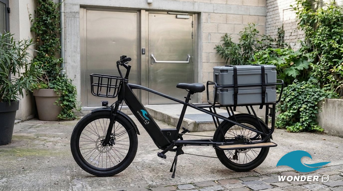 Le vélo cargo Wonder Eco chargé de bacs isothermes empilés, devant l'entrée d'une cuisine de cantine.