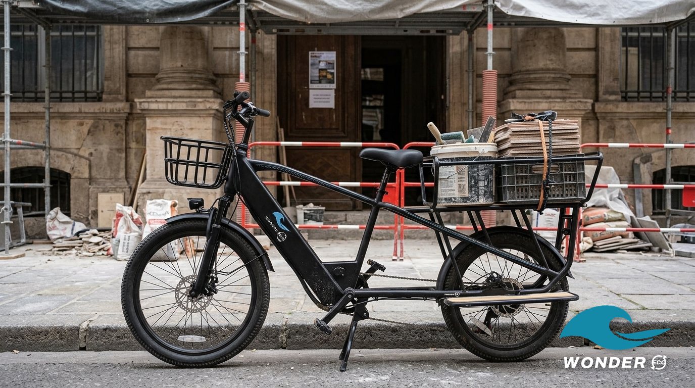 Le vélo cargo Wonder Eco chargé d'une caisse de carreaux, d'un seau et d'outils de carreleur, devant un immeuble en rénovation.