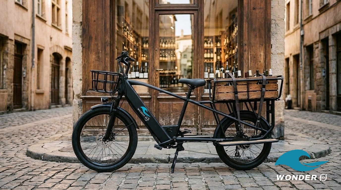 Le vélo cargo Wonder Eco chargé de deux caisses de bouteilles de vin, devant une cave à la façade en bois sombre du Vieux Lyon.