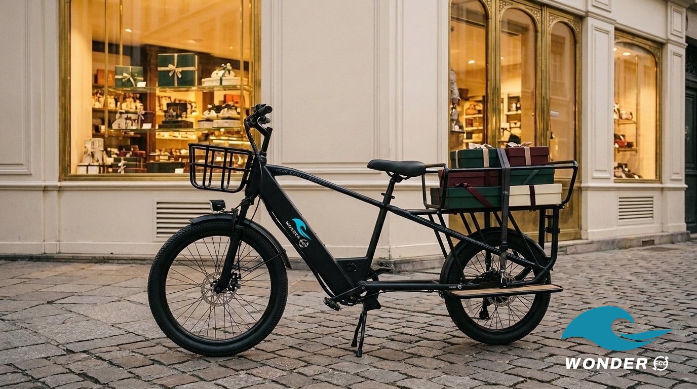 Le vélo cargo Wonder Eco chargé de coffrets cadeaux élégants, devant une chocolaterie à la façade crème de la Presqu'île.