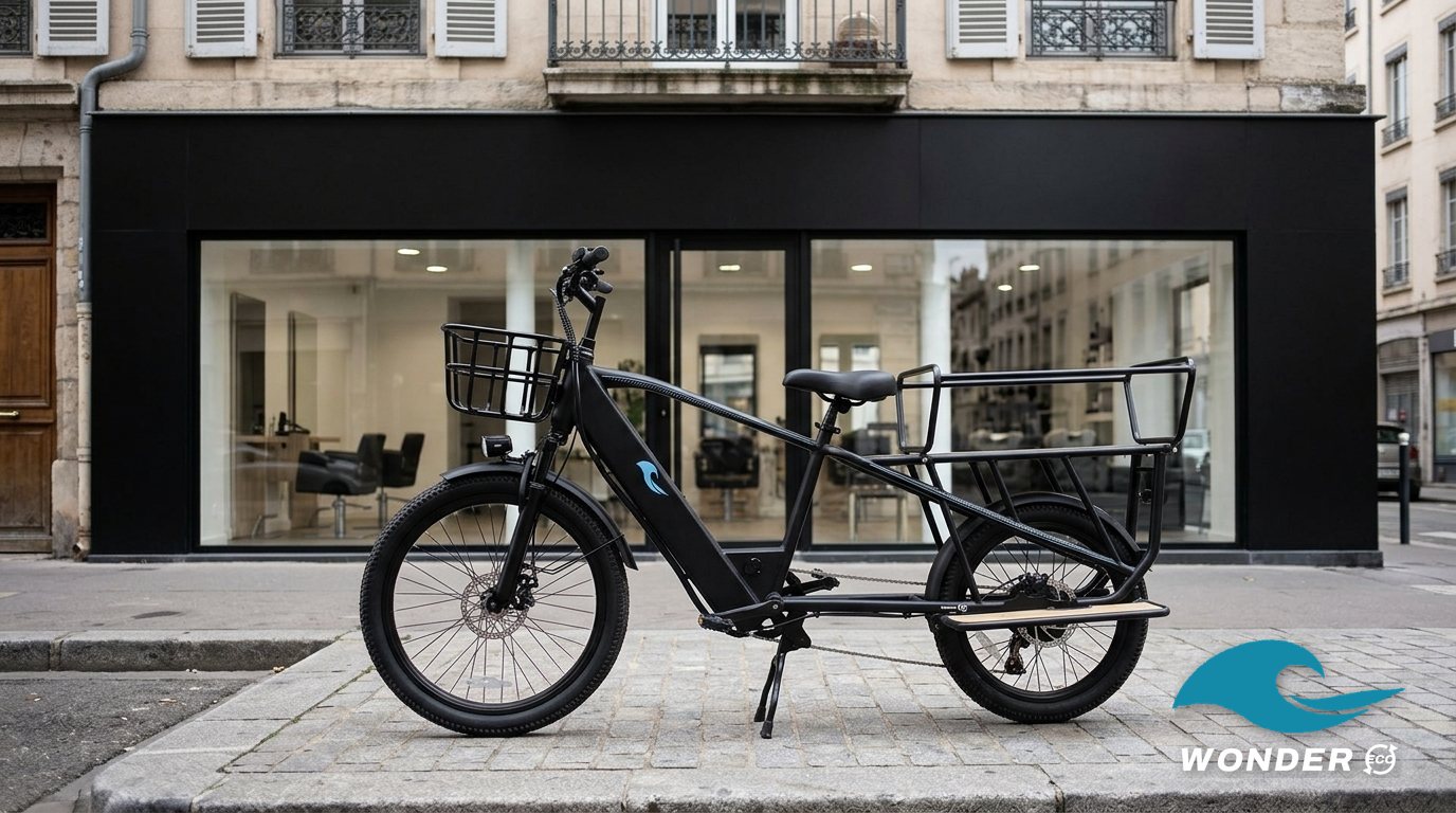 Le vélo cargo Wonder Eco garé devant un salon de coiffure à la façade noire.