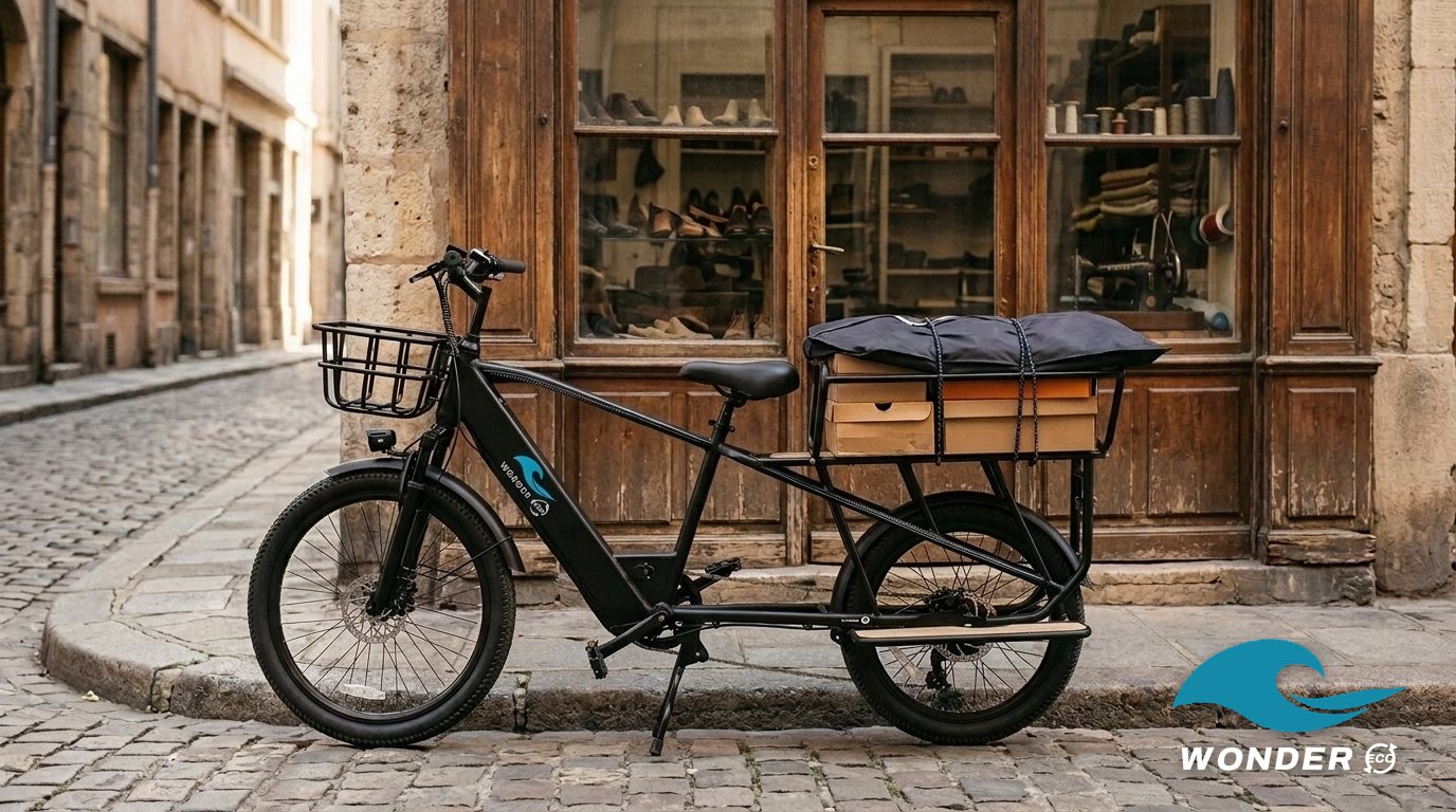 Le vélo cargo Wonder Eco chargé de boîtes à chaussures et d'un vêtement sous housse, devant un atelier de cordonnerie de la Presqu'île.