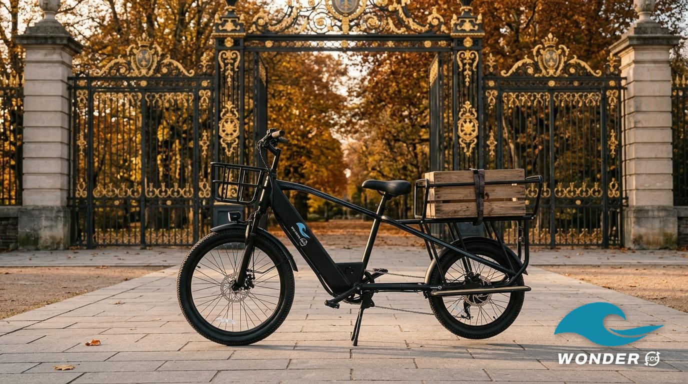 Le vélo cargo Wonder Eco devant les grilles dorées du parc de la Tête d'Or, en automne.