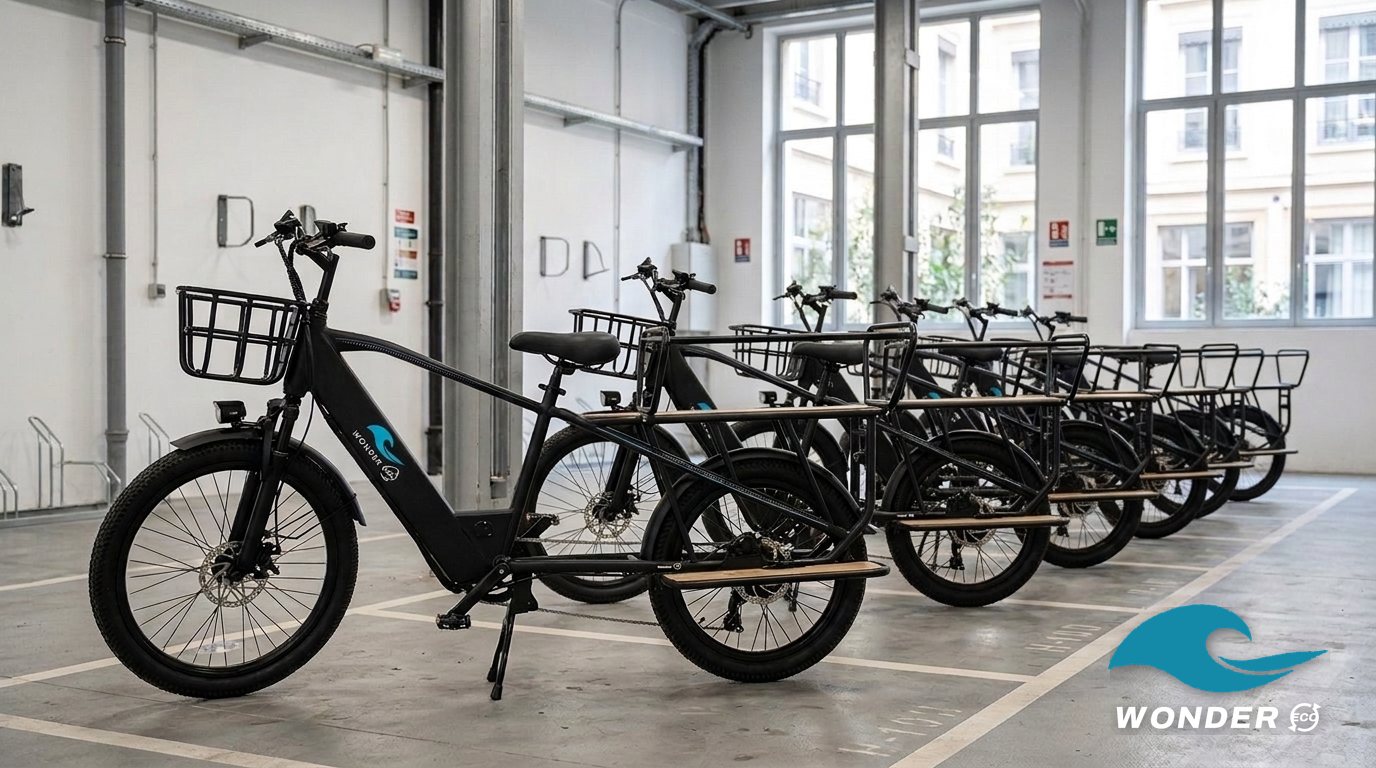 Le vélo cargo Wonder Eco au premier plan d'un local à vélos lumineux, d'autres vélos identiques alignés derrière lui.