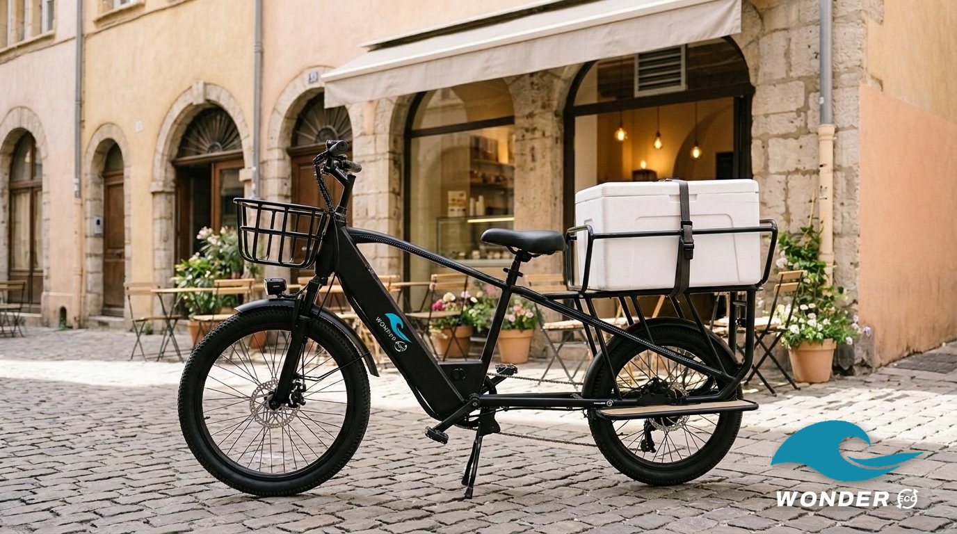 Le vélo cargo Wonder Eco chargé d'un caisson isotherme blanc, devant un glacier aux couleurs pastel du Vieux Lyon.