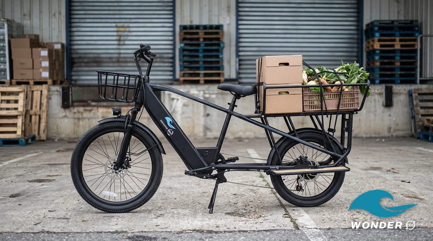 Le vélo cargo Wonder Eco chargé de cartons de produits alimentaires, sur le quai de chargement d'un grossiste.