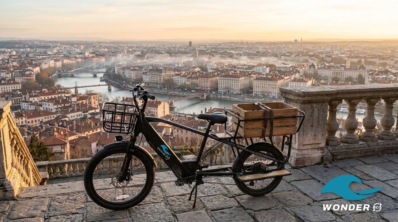 Le vélo cargo Wonder Eco sur la terrasse de Fourvière, au lever du soleil, Lyon et la Saône en contrebas.