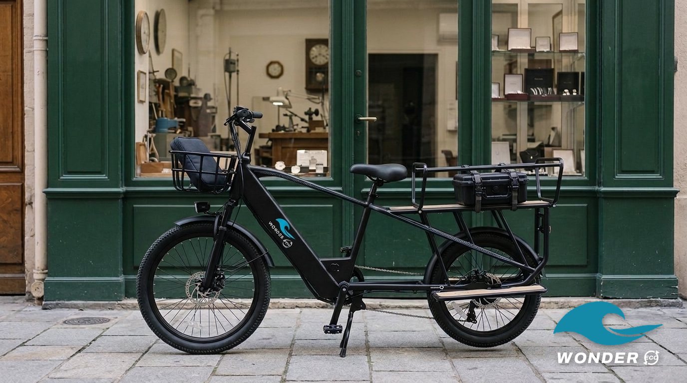 Le vélo cargo Wonder Eco devant un atelier d'horlogerie à la façade vert foncé, une mallette fermée dans le panier avant.