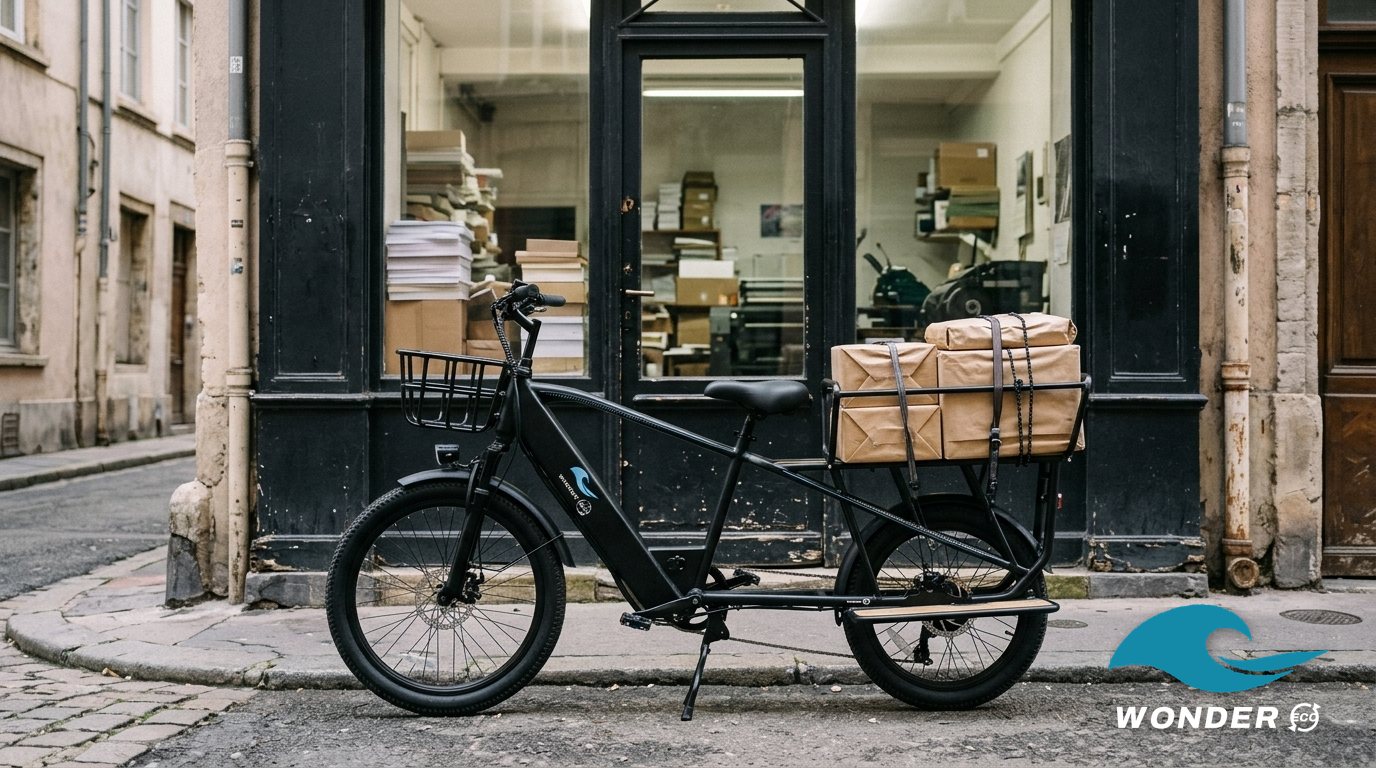 Le vélo cargo Wonder Eco chargé de paquets de papier imprimé, devant une imprimerie de la Croix-Rousse.