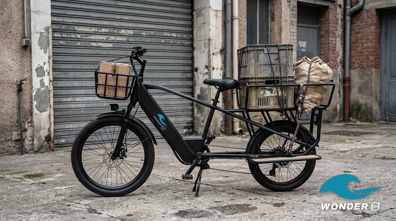 Le vélo cargo Wonder Eco chargé de deux caisses lourdes et d'un sac, dans la cour de chargement d'un petit entrepôt lyonnais.