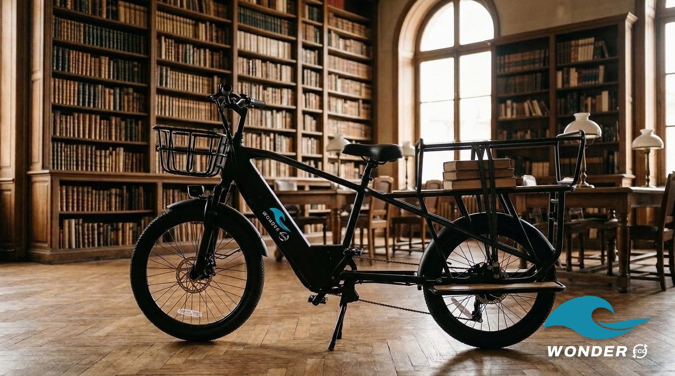Le vélo cargo Wonder Eco dans une salle de lecture aux grandes bibliothèques en bois, des livres sanglés sur le plateau.