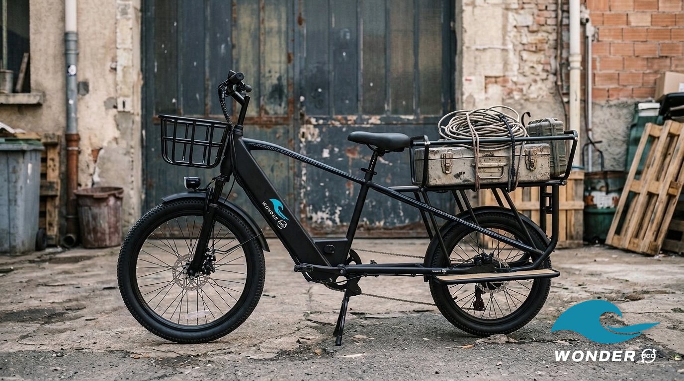 Le vélo cargo Wonder Eco chargé d'une caisse à outils, d'une couronne de câble et d'une mallette de pièces, devant un atelier.