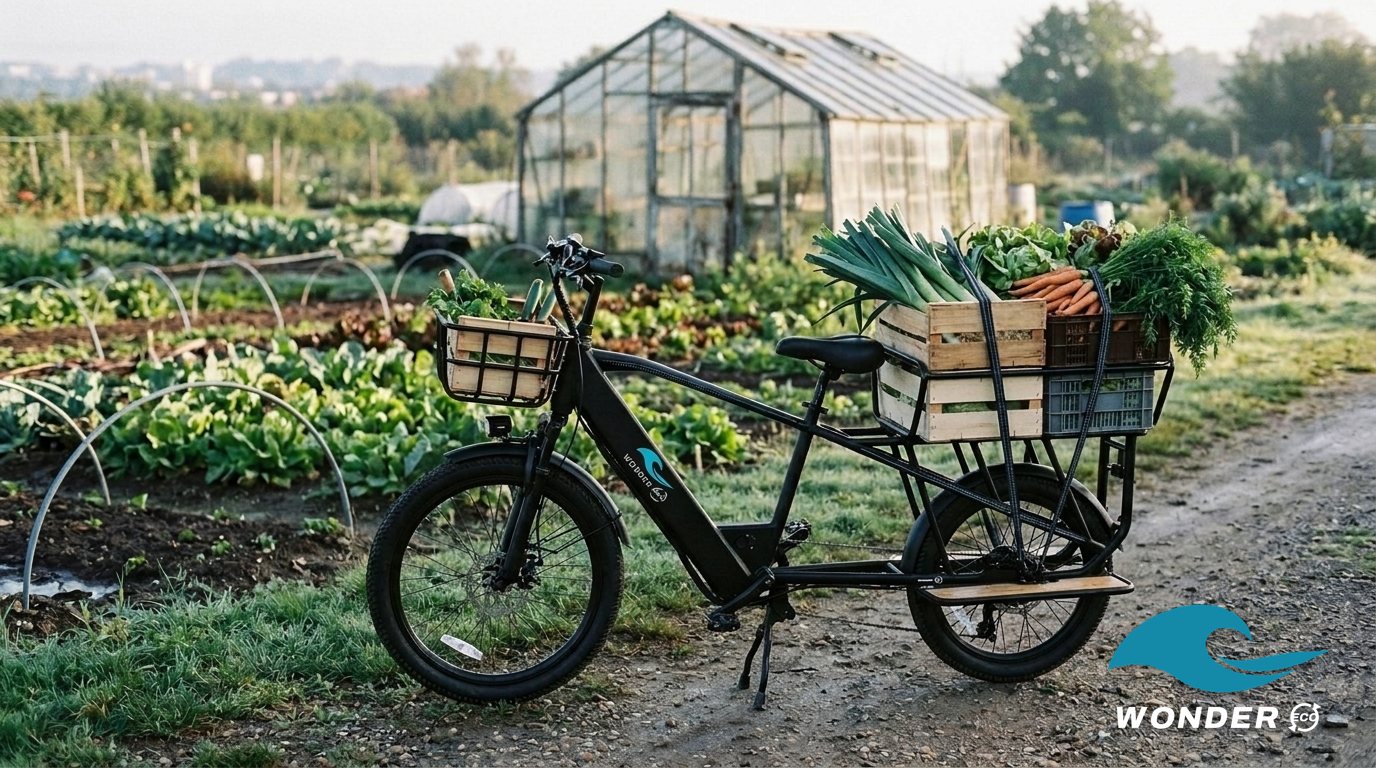 Le vélo cargo Wonder Eco chargé de cagettes de légumes frais, dans l'allée d'un jardin maraîcher en bordure de Lyon.
