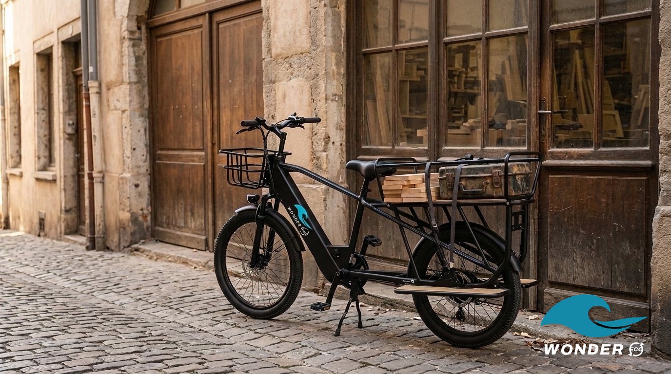 Le vélo cargo Wonder Eco devant un atelier de menuiserie aux portes en bois, sur les pentes de la Croix-Rousse.