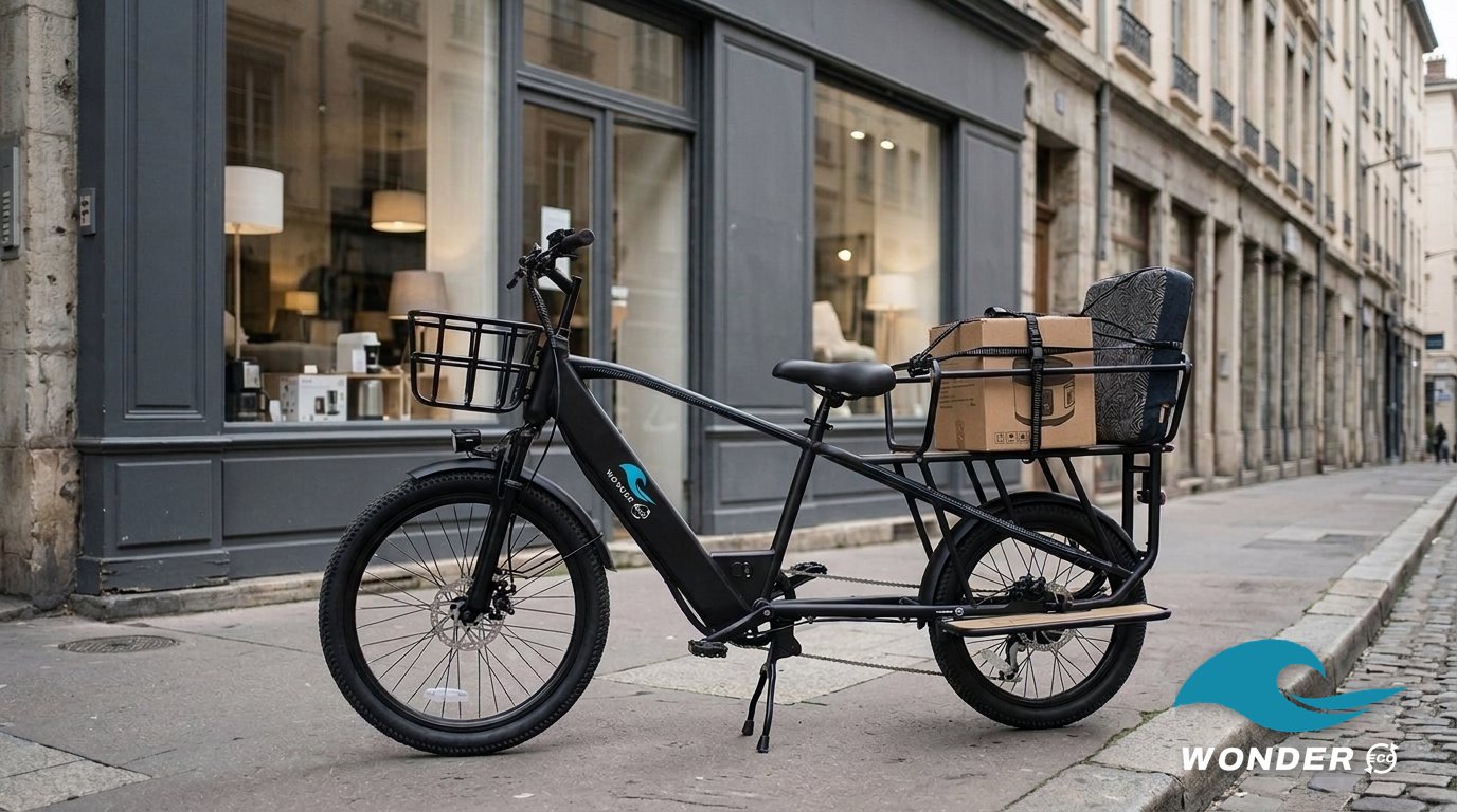 Le vélo cargo Wonder Eco chargé d'un petit appareil en carton et d'un coussin, devant un magasin d'équipement de la maison.