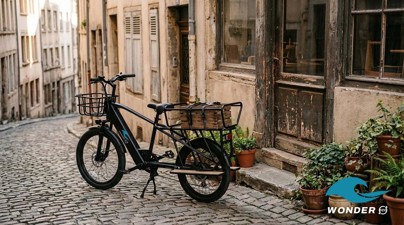 Le vélo cargo Wonder Eco contre le mur d'un petit atelier aux plantes en pot, sur les pentes de la Croix-Rousse.