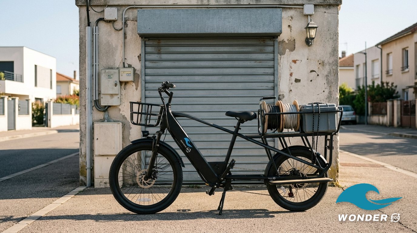 Le vélo cargo Wonder Eco chargé de deux tourets de câble électrique et d'une caisse à outils, devant un atelier d'électricien à Vaulx-en-Velin.