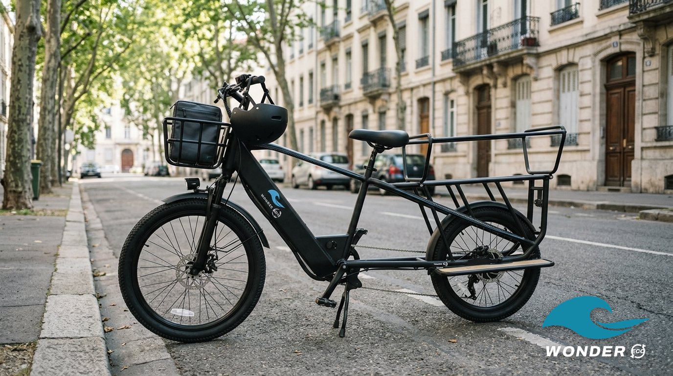 Le vélo cargo Wonder Eco garé dans une rue arborée de Lyon, un casque accroché au guidon.