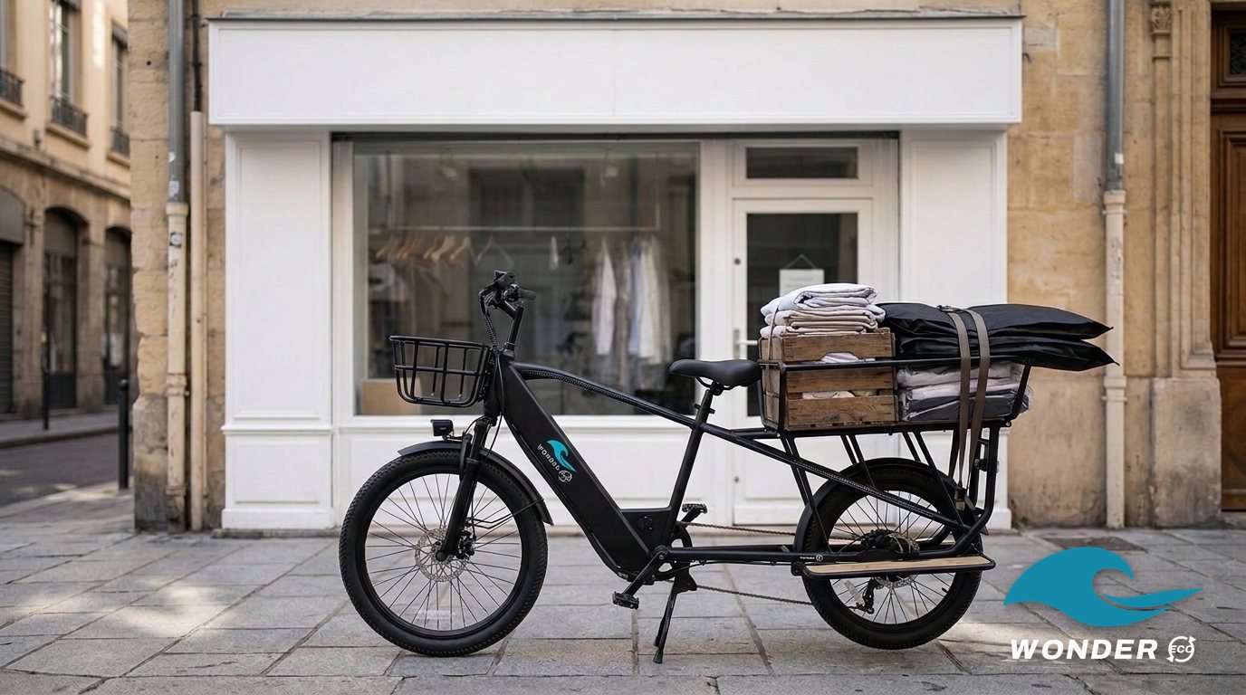 Le vélo cargo Wonder Eco chargé de linge plié et de vêtements sous housse, devant un pressing à la façade blanche.