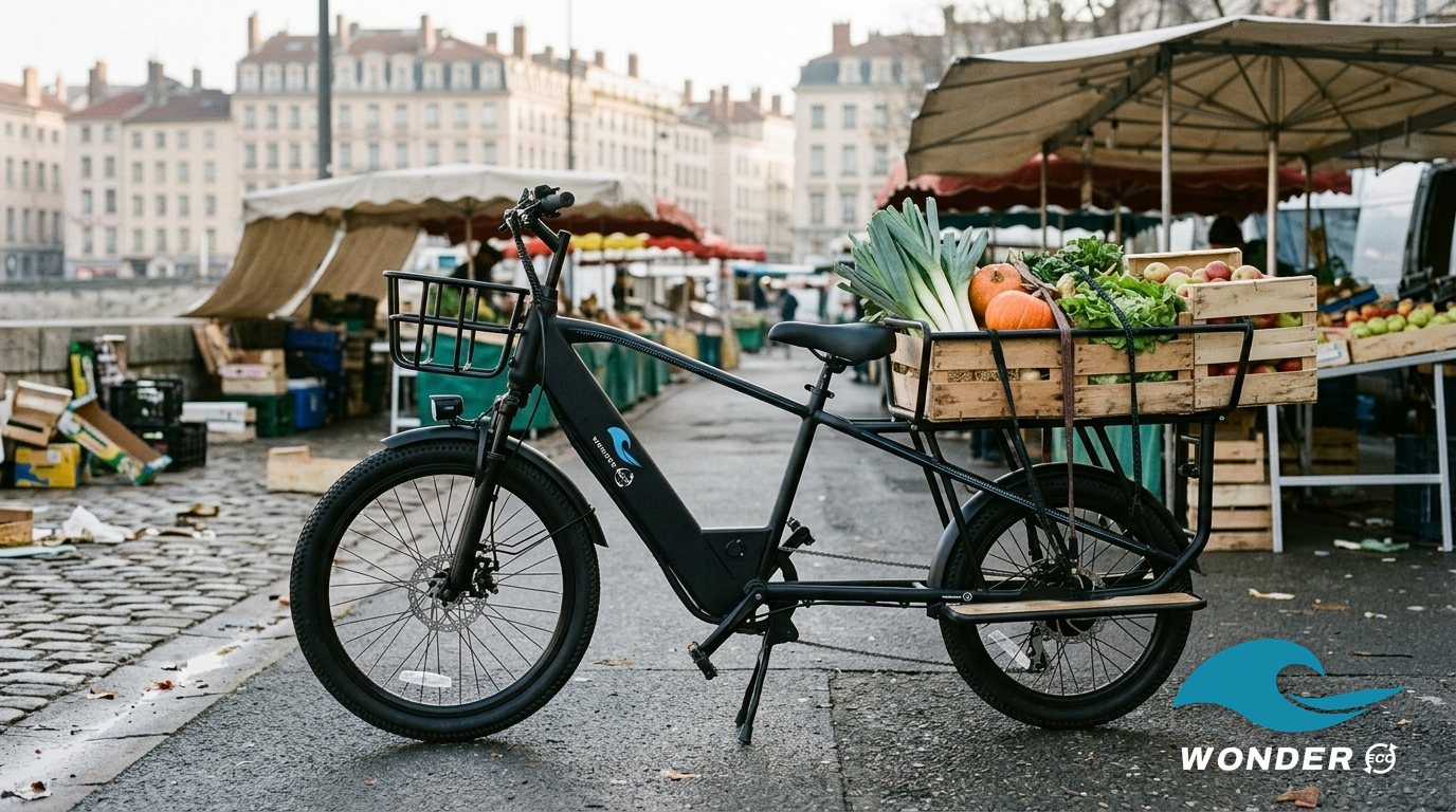 Le vélo cargo Wonder Eco chargé de cagettes de fruits et légumes, près des étals d'un marché sur les quais de Saône.