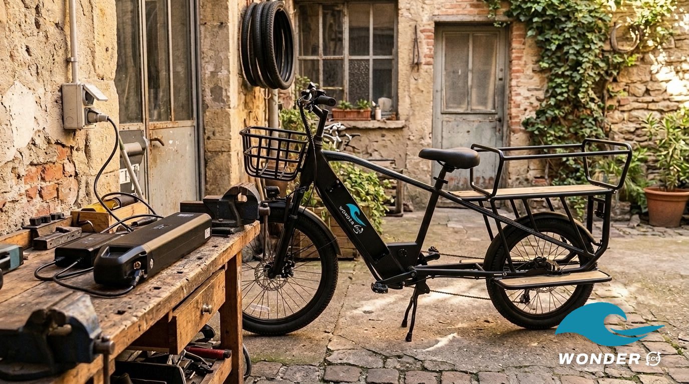 Le vélo cargo Wonder Eco garé dans une cour d'atelier ensoleillée, près d'un établi et d'une prise de recharge.