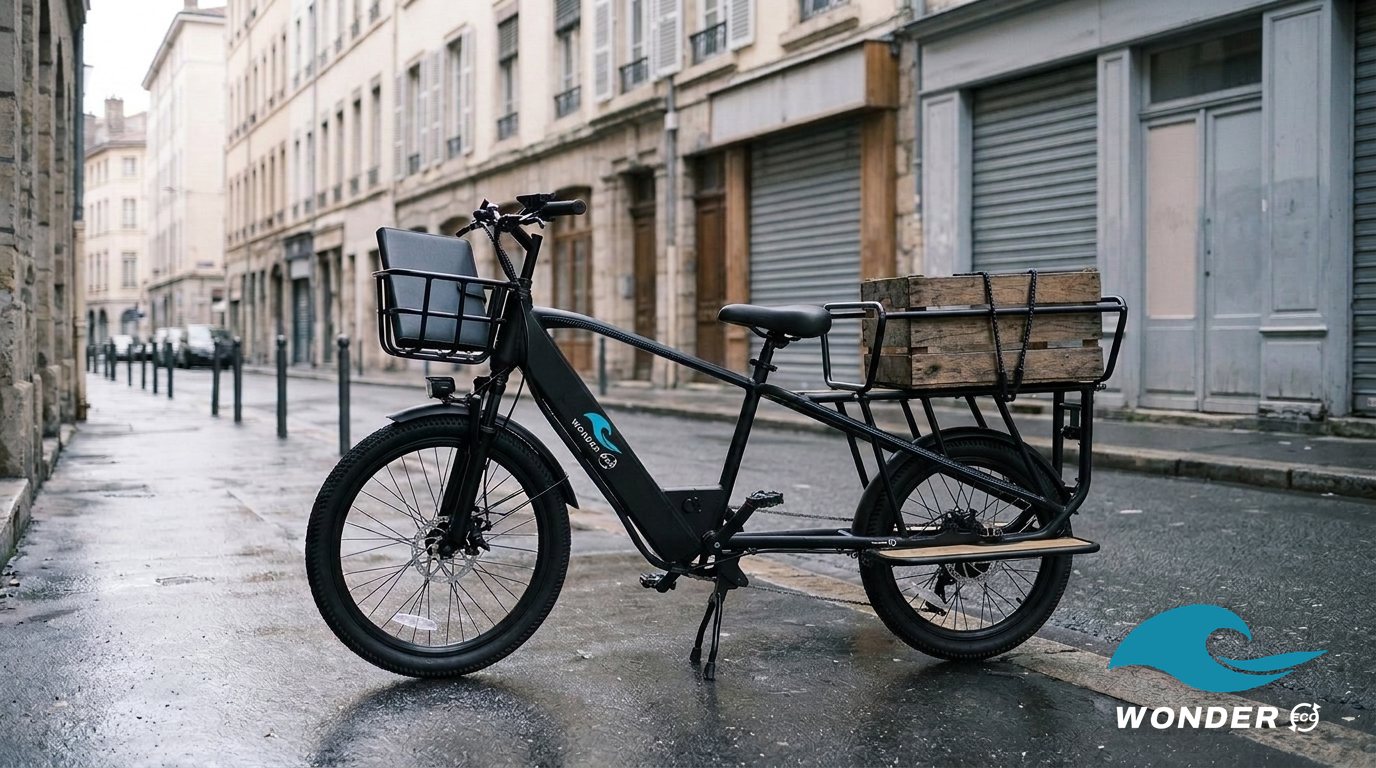 Le vélo cargo Wonder Eco garé sur la Grande Rue de la Croix-Rousse au petit matin, un dossier dans le panier avant.