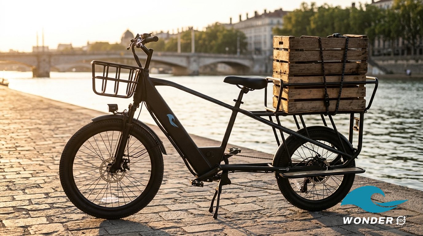 Le vélo cargo Wonder Eco lourdement chargé de trois caisses sur les quais du Rhône, au coucher du soleil.