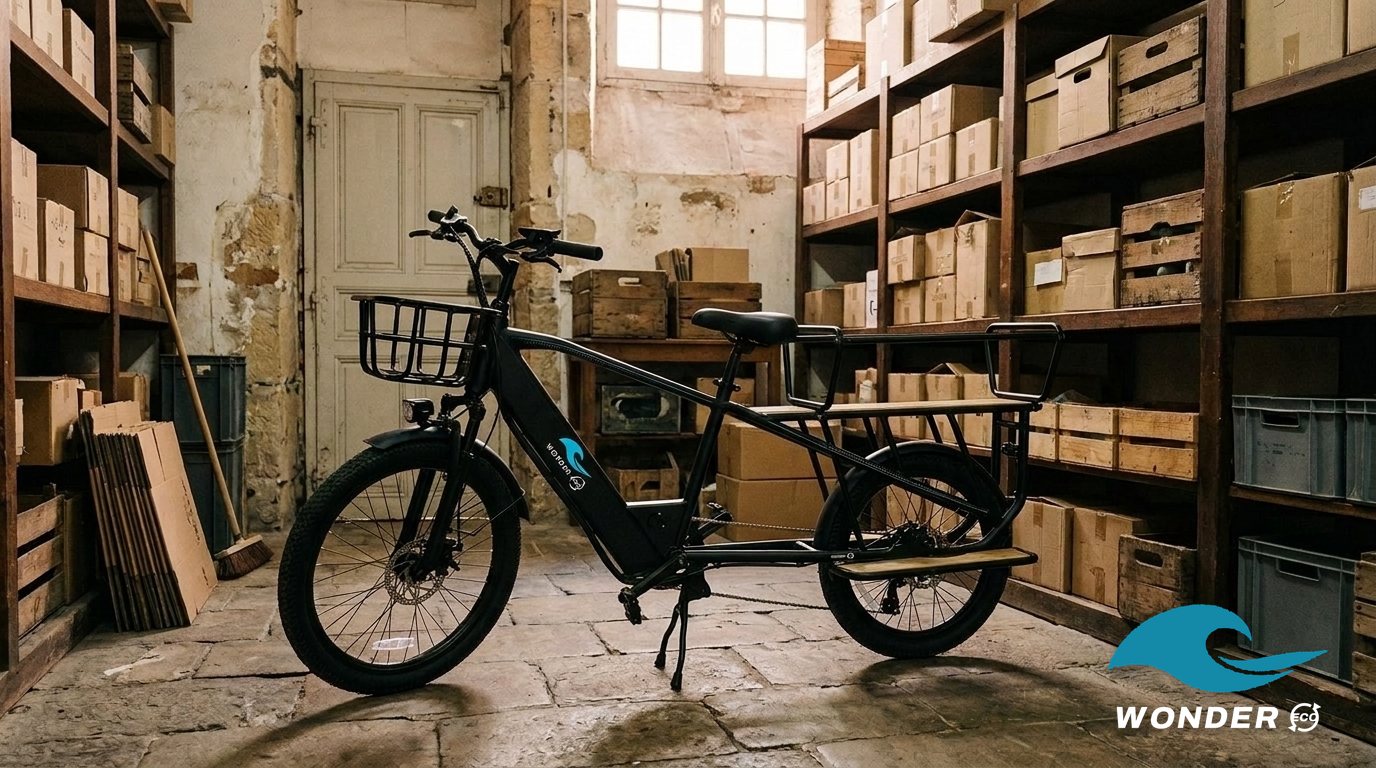 Le vélo cargo Wonder Eco rangé dans la réserve d'une boutique lyonnaise, entre des étagères de cartons.