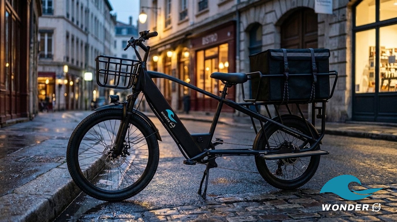 Le vélo cargo Wonder Eco chargé d'un caisson de livraison noir, dans une rue de Lyon à la tombée de la nuit.