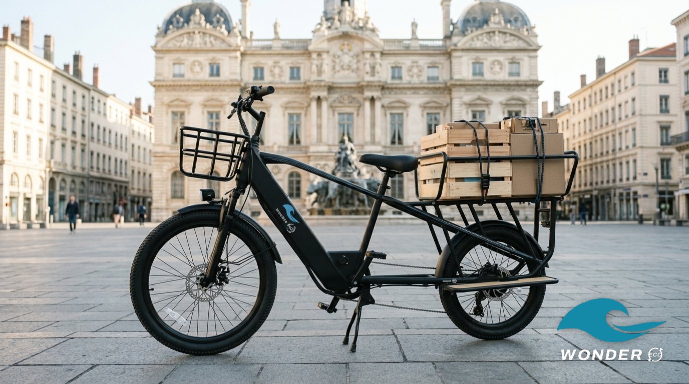 Le vélo cargo Wonder Eco chargé de caisses, place des Terreaux, devant l'Hôtel de Ville de Lyon.