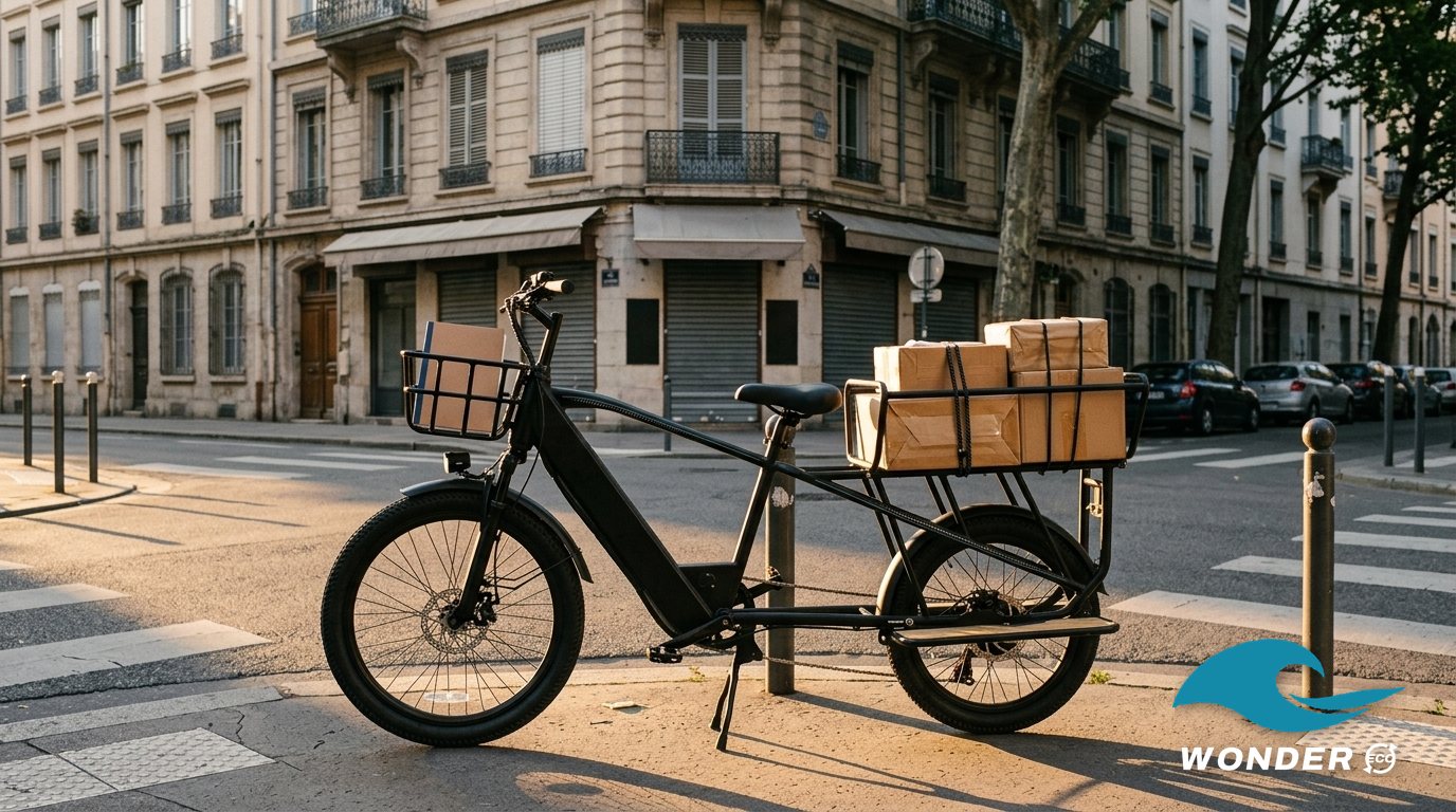 Le vélo cargo Wonder Eco chargé de colis à un carrefour désert du 7ᵉ arrondissement, au lever du soleil.