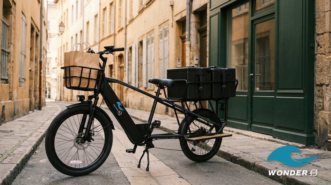Le vélo cargo Wonder Eco chargé de deux caissons isothermes noirs et de sacs kraft, devant la façade d'un traiteur de la Presqu'île.