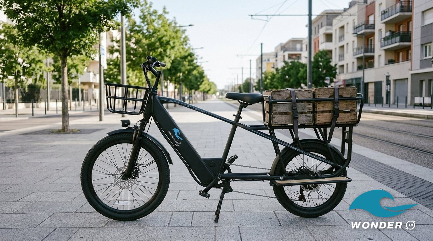 Le vélo cargo Wonder Eco chargé de deux caisses, sur une large avenue moderne de Vaulx-en-Velin.