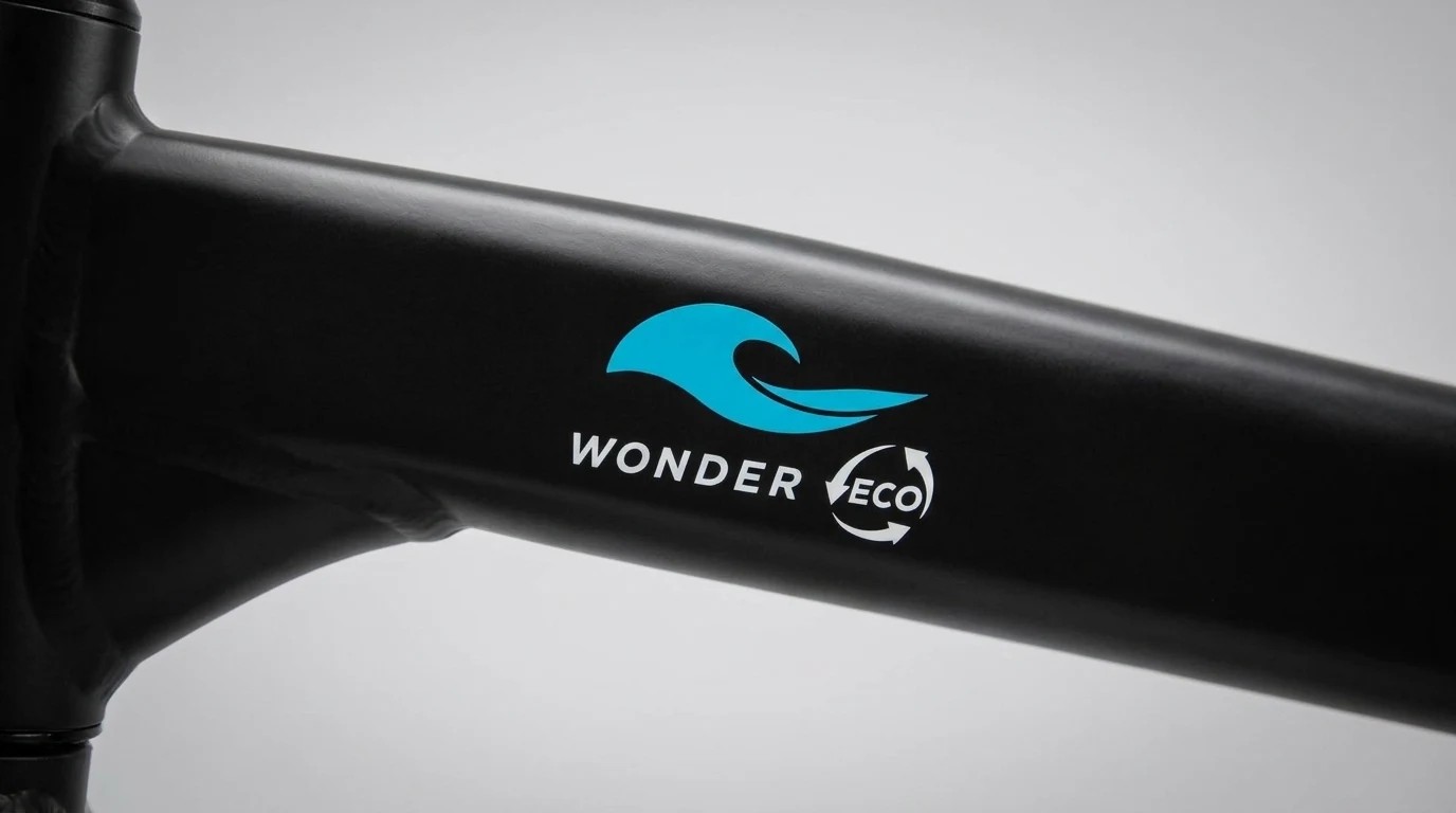 Le décalque Wonder Eco sur le cadre : une vague bleue et le badge ECO.