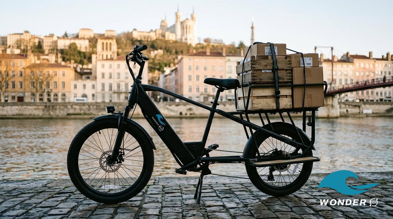Le vélo cargo chargé de caisses sur les quais de Saône, Fourvière en arrière-plan.