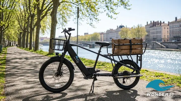Le vélo cargo Wonder Eco sur la piste cyclable des berges du Rhône, un matin de printemps, sous un ciel dégagé.