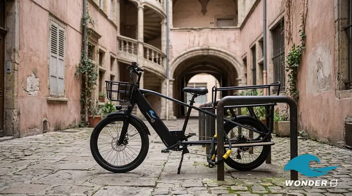 Le vélo cargo Wonder Eco attaché à un arceau par un antivol en U, dans une cour pavée aux murs roses du Vieux Lyon.
