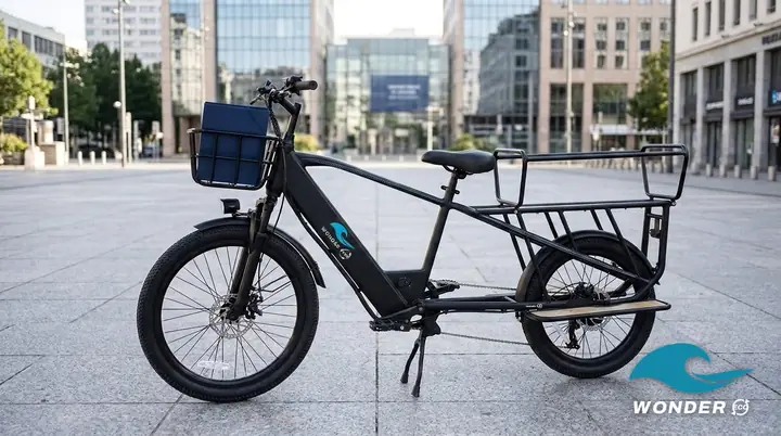 Le vélo cargo Wonder Eco sur une place du quartier de la Part-Dieu, un dossier bleu dans le panier, devant un bâtiment administratif.
