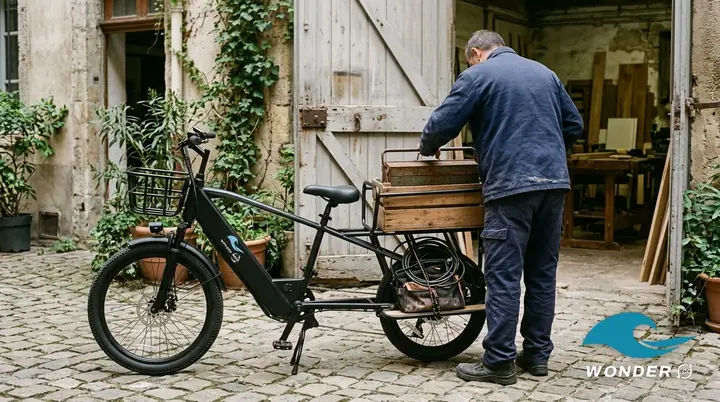 Un artisan charge sa caisse à outils sur le plateau du vélo cargo, devant son atelier.