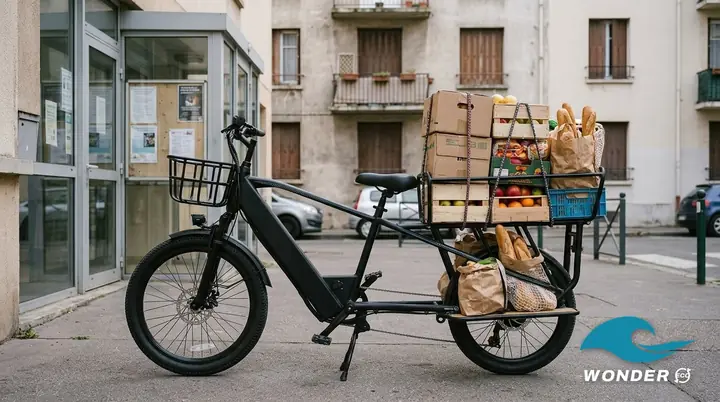 Le vélo cargo Wonder Eco chargé de cartons de dons alimentaires, de sacs de pain et de cagettes de fruits, devant l'entrée d'une salle associative.