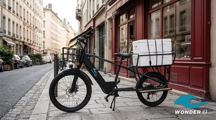 Le vélo cargo Wonder Eco chargé de deux caissons isothermes blancs, devant une boucherie à la façade rouge de Monplaisir.