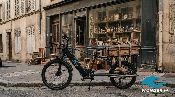 Le vélo cargo Wonder Eco chargé d'une caisse ancienne avec une lampe et des livres, devant une brocante de la Croix-Rousse.