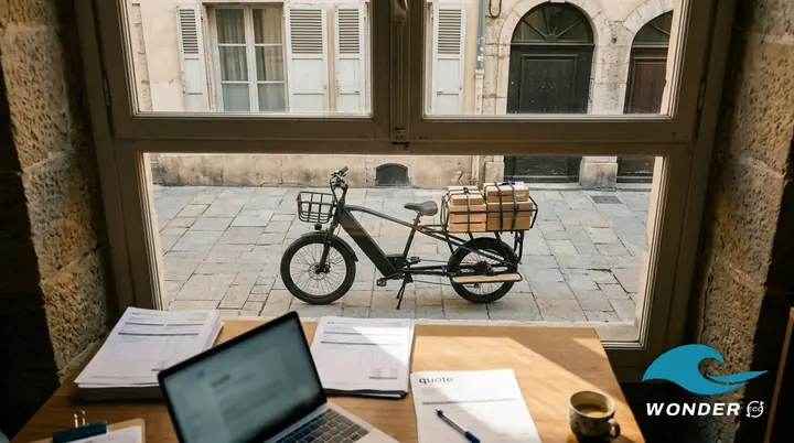 Un bureau avec les formulaires du dossier, et le vélo cargo chargé visible par la fenêtre.