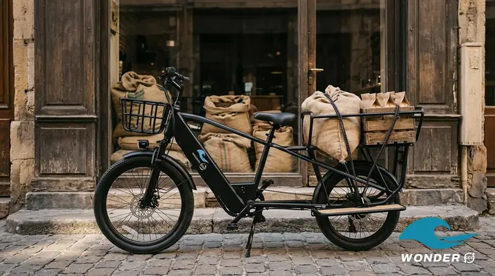 Le vélo cargo Wonder Eco chargé d'un sac de café en jute et de sachets kraft, devant une brûlerie lyonnaise.