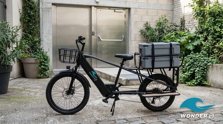 Le vélo cargo Wonder Eco chargé de bacs isothermes empilés, devant l'entrée d'une cuisine de cantine.